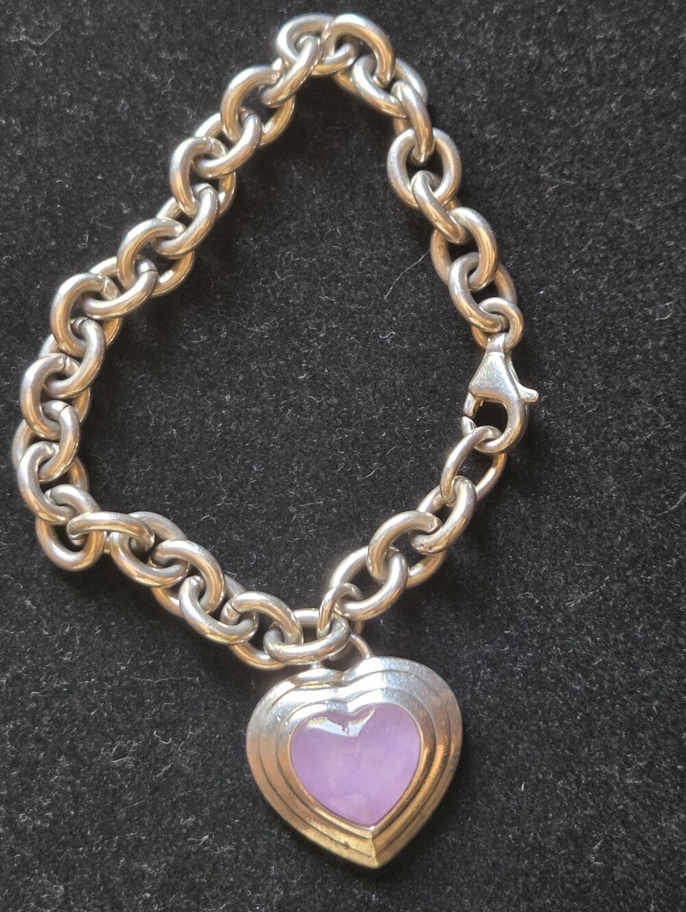 Sterling Silver Link Bracelet Wirh Lavender Jade Heart Charm